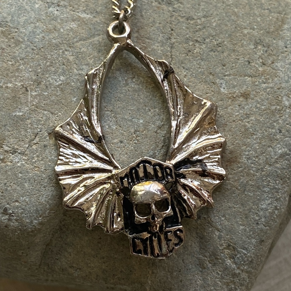 Offer Biker necklace vintage batwing skulls motor cycles long chain silver